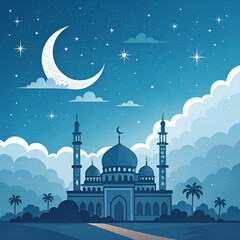 A deep blue and silver-toned composition featuring mosque for Eid