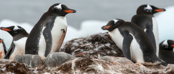 A group of Gentoo penguins gathered on rocky terrain, showcasing their distinctive black and white plumage against a natural, icy backdrop.