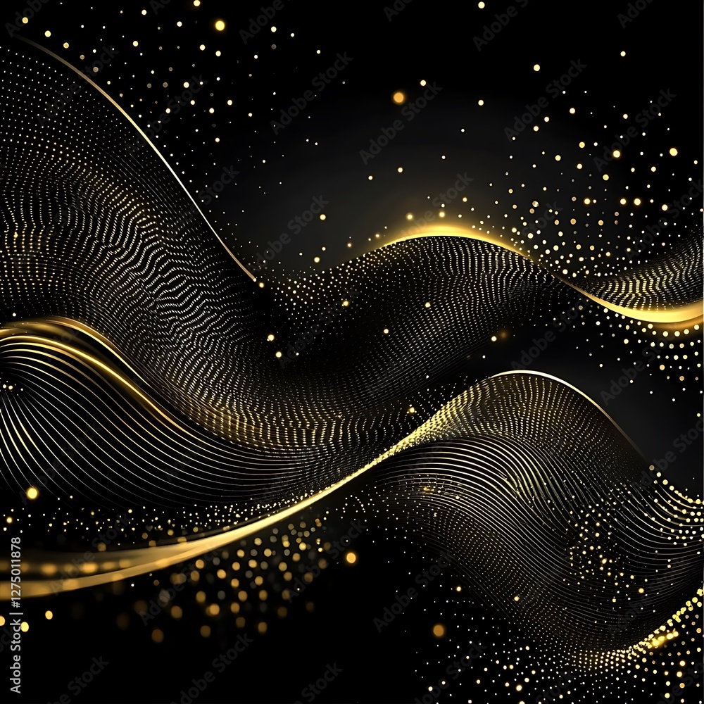 Poster an elegant and dynamic abstract background featuring flowing lines and shimmering particles in gold 