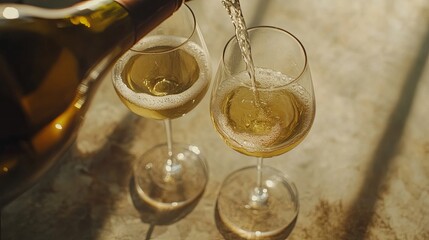 Two glasses of white wine poured elegantly, capturing simplicity and refined taste.
