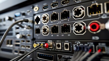 Obraz premium Detailed view of the back panel of a powerful workstation computer, highlighting its array of display outputs, USB ports, and networking connections.