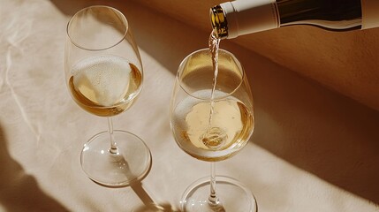 Two glasses of white wine poured elegantly, capturing simplicity and refined taste.