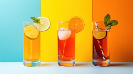 Refreshing summer drinks in vibrant colors with citrus garnishes against a bright background