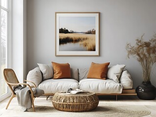 Framed nature print, living room, beige couch, autumnal reeds
