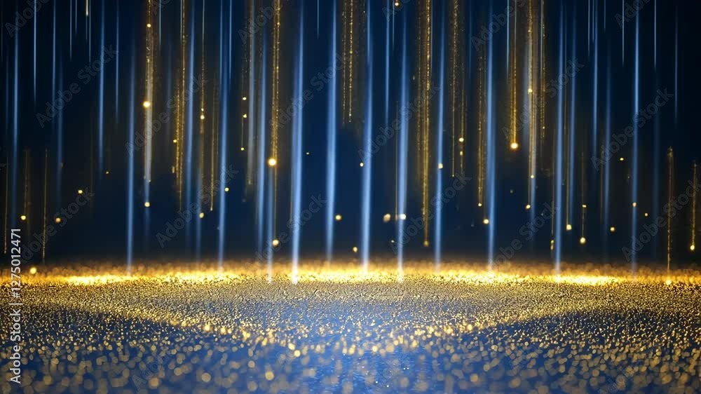Poster mesmerizing display of golden particles cascading downwards against dark blue background creating ma