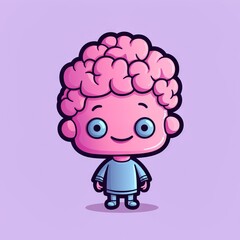 Fototapeta premium Cute cartoon character with pink curly hair and blue dress on purple background. Kawaii mascot design for children events, birthday party, kids carnival, school celebration, baby shower