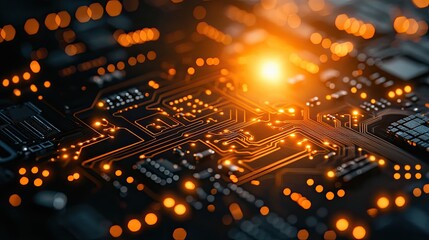 Close-up Circuit Board with Glowing Components