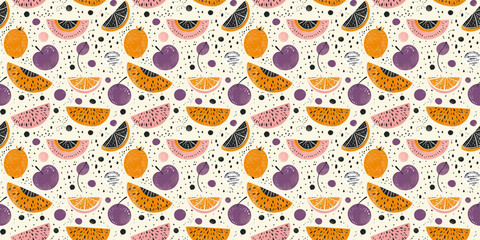 Fototapeta premium Colorful abstract fruit pattern with citrus and berries on light background