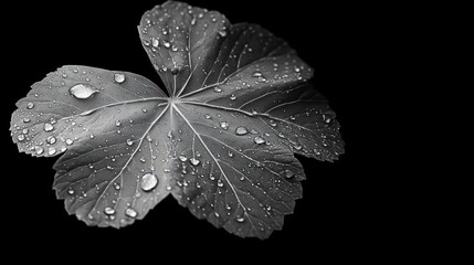 Close-up grayscale leaf with water droplets. Nature macro photography. Possible use Stock photo