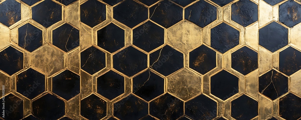 Aufkleber an elegant pattern featuring interlocking hexagons with a rich gold and black color scheme, perfect 