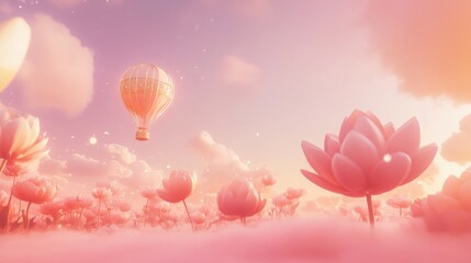 Obraz premium 3.A serene fantasy scene with oversized flowers glowing softly under a pastel-hued sky. Pink fog swirls around the landscape as a delicately crafted hot air balloon, adorned with golden accents,
