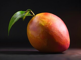 Perfectly Ripe Mango with Fresh Green Leaf on Black Studio Background