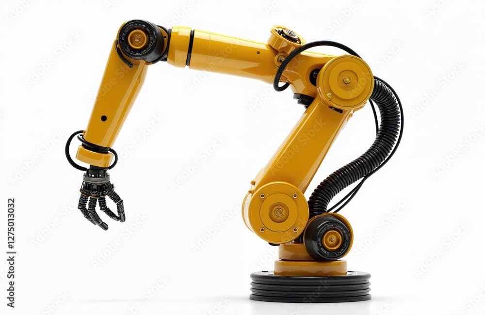 Poster isolated yellow industrial robotic arm over white background. automation machinery equipment with ro