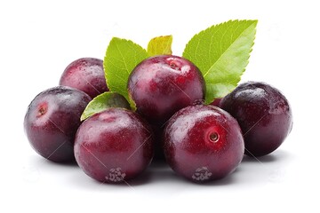 Obraz premium Fresh plums with leaves on white background