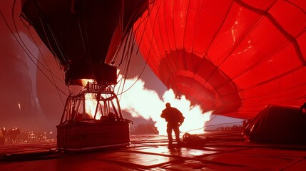 Obraz premium 9.A wide-angle shot of a man operating a burner, its fiery output glowing brightly as it fills a giant red hot air balloon. The balloon begins to rise, casting shadows on the ground as passengers
