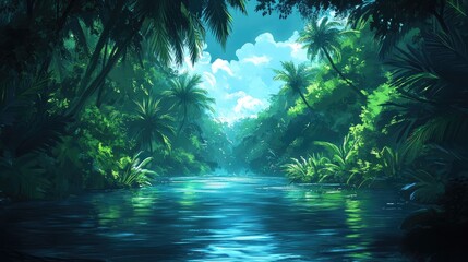 Lush Tropical River Canyon, Sunlight Dappling Through Canopy, Peaceful Scene, Nature Background, Stock Photo