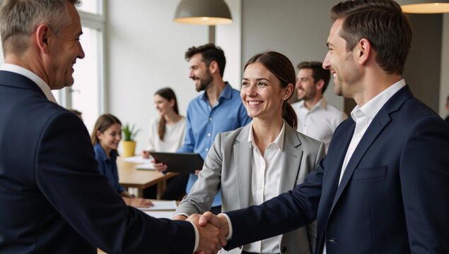 Young couple shakes hands with professional advisorbroker to complete a business transaction
