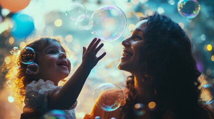 24.Dynamic capture of a mother and daughter playing with oversized soap bubbles at a vibrant foam party, the air filled with shimmering orbs and floating foam flakes.