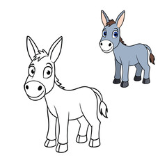 A fun donkey coloring page featuring a cute donkey standing in a farm setting. Perfect for kids and adults to enjoy adding their creative touch with colors!