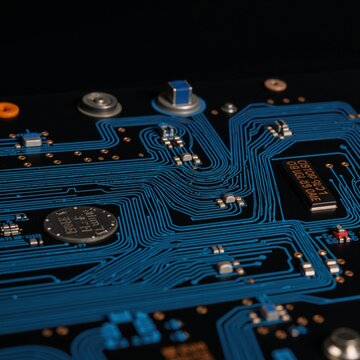 Macro-shot closeup of a blue and orange electronics motherboard circuitry details