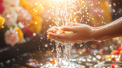 Thai Songkran Festival: Close-Up of Hands Pouring Water with Flower Petals, Soft Sunlight Reflecting on Water Droplets, Vibrant Floral Garlands in Blurred Background, Warm Golden Tones, Serene and Joy