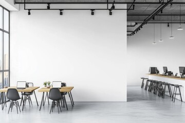 Modern office workspace, large blank wall, city view, coworking area