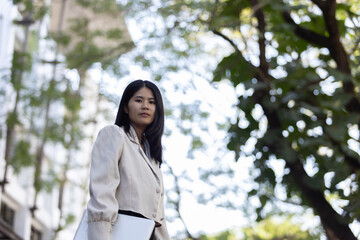 Future remote work combines technology smart phone connection online white digital business woman...