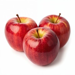 Three red apples on white background. Fresh, ripe fruit with smooth skin and brown stem. Close-up shot highlighting apples vibrant color, elliptical shape, and juicy texture for healthy eating.