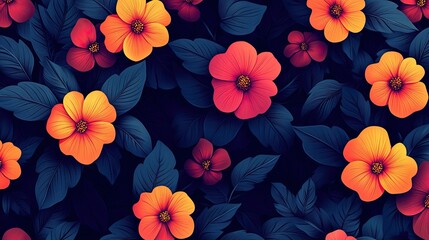Floral pattern background, vibrant colors, dark backdrop, decorative, graphic design, wallpaper, print, poster
