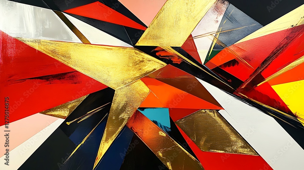 Poster bright and bold abstract artwork featuring sharp geometric shapes in vibrant colors including red, g