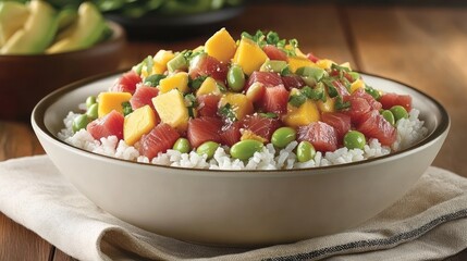 Delicious Tuna Mango Avocado Poke Bowl With Rice