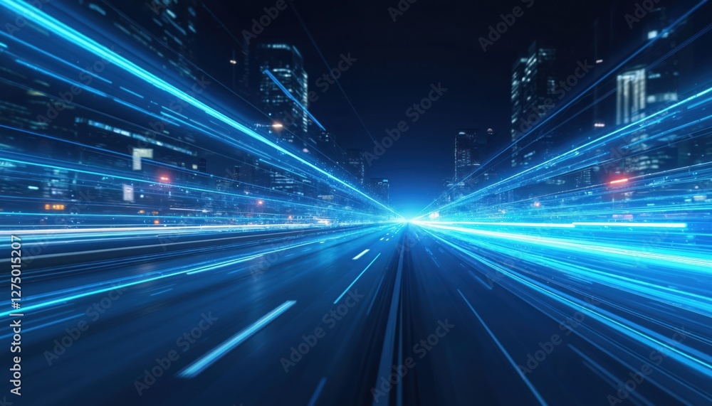 Aufkleber illustration of abstract blue speed motion on road with light trails. tech concept background with f