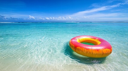 44.A bright, multicolored inflatable ring drifting gently on the calm waters near a sandy beach, with gentle waves lapping and a clear blue sky overhead.