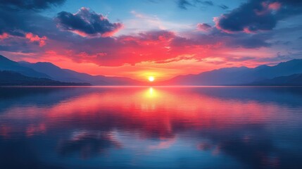 Stunning sunset over tranquil lake reflecting fiery sky. Scenic mountain view. Possible use for travel brochures or wallpaper