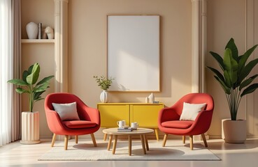 Stylish interior with coral armchairs, shelf with decor, mockup frame. Living room with furniture coffee table, decor, square poster. Relaxing zone, carpet, beige concrete floor, lamp. Modern