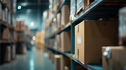 Fototapeta premium Stacked Boxes in Warehouse, Symbolizing Efficient Logistics and Organized Storage