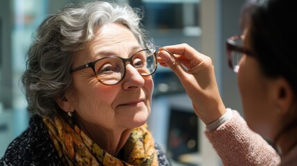 Fototapeta premium Senior Woman Getting Glasses Adjusted by Optician