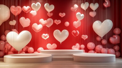 50.A soft pastel red backdrop featuring four white podium platforms of varying heights, surrounded by floating heart-shaped balloons and oversized heart decorations with glossy textures.