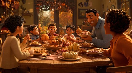 Happy Thanksgiving Family Dinner  Animated Cartoon Celebration