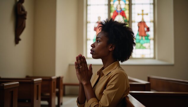 A contemplative Black Christian woman deep in prayer at a church service connected to her faith and seeking guidance from the Holy Spirit
