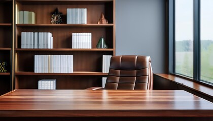 Front View of CEOs Office Elegant Oak Table and Bookcase Filling a Spacious Workspace with Warmth and Intellectual Vibes, Showcasing Organized Disarray in a HighEnd Corporate Environment