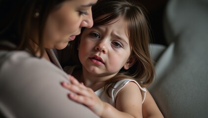 Fototapeta premium A very sad little girl is depicted crying in her mothers embrace