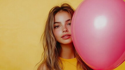 61.Young beautiful teenager girl posing on a yellow background with a giant pink balloon