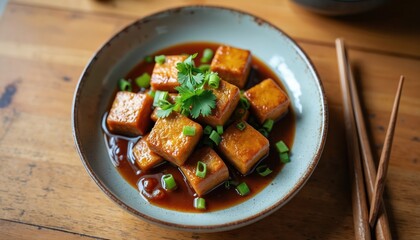 Miso braised tofu dish served over wood table. Tasty meal concept. Cubes of grilled bean curd in savory sauce decorated with fresh parsley, spring onion. Asian cuisine, culinary art.