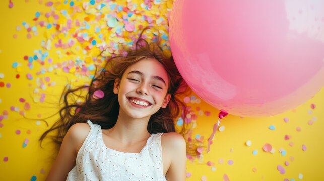 66.Joyful shot of a teenage girl lying on a yellow floor, surrounded by confetti, with a giant pink balloon in her hands. Her bright smile and relaxed pose exude a carefree summer mood.