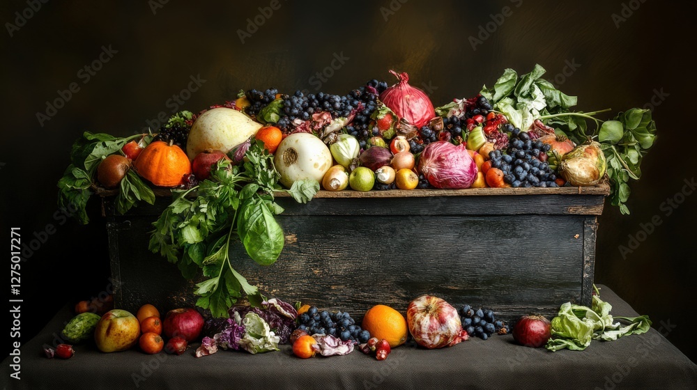 Poster abundant display of colorful fruits and vegetables overflowing from a rustic wooden crate on a dark 
