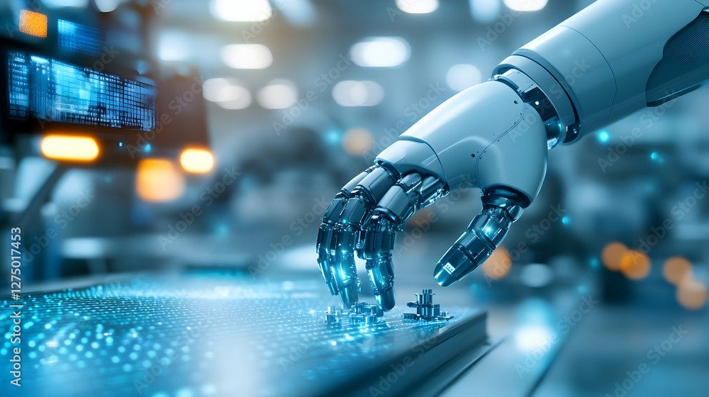 Poster an advanced robotic hand delicately interacting with a glowing microchip in a futuristic lab environ