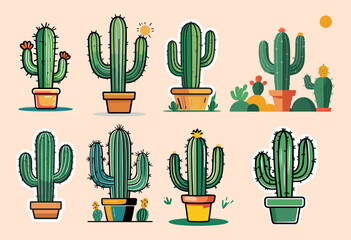 Icons sets collection of cartoon style cacti in colorful pots, each uniquely designed and set against a light peach background, showcasing playful and vibrant elements