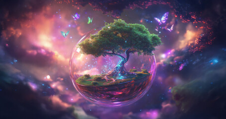 Fototapeta premium Futuristic Bioluminescent Bonsai in Floating Glass Terrarium