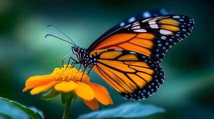 Fototapeta premium A beautiful monarch butterfly perched on a vibrant orange flower, showcasing nature's intricate details in a serene environment.
